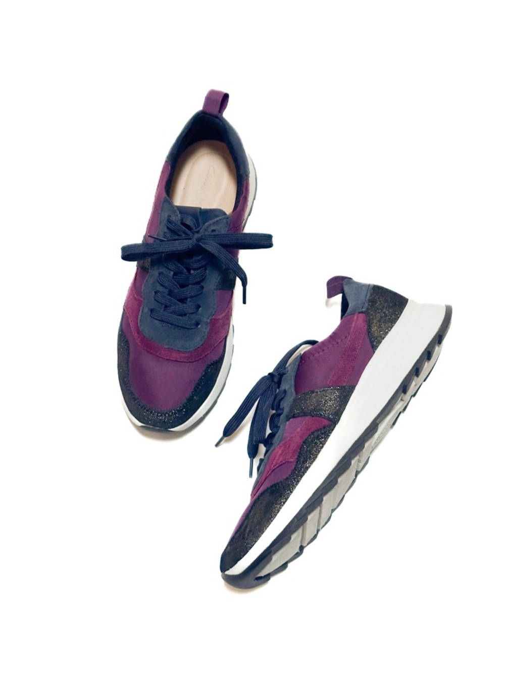 Clarks Dash Lite Jazz Sneakers Merlot Navy Suede Black Glitter Retro 80s Lace Up